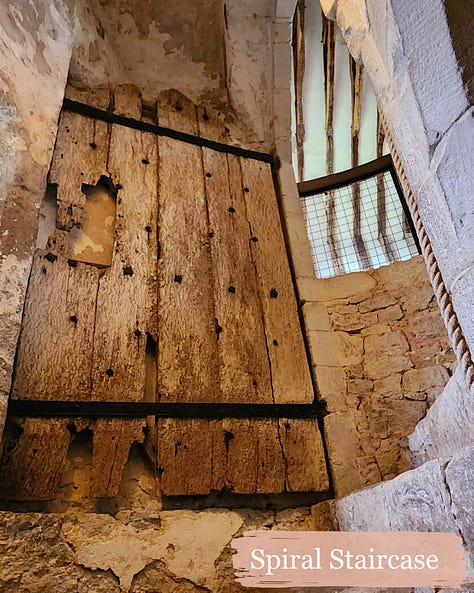 Nine pictures showing the interior of Old Soar Manor including exposed beam ceilings, original doors, a font for the chapel, and remnants of wall paintings