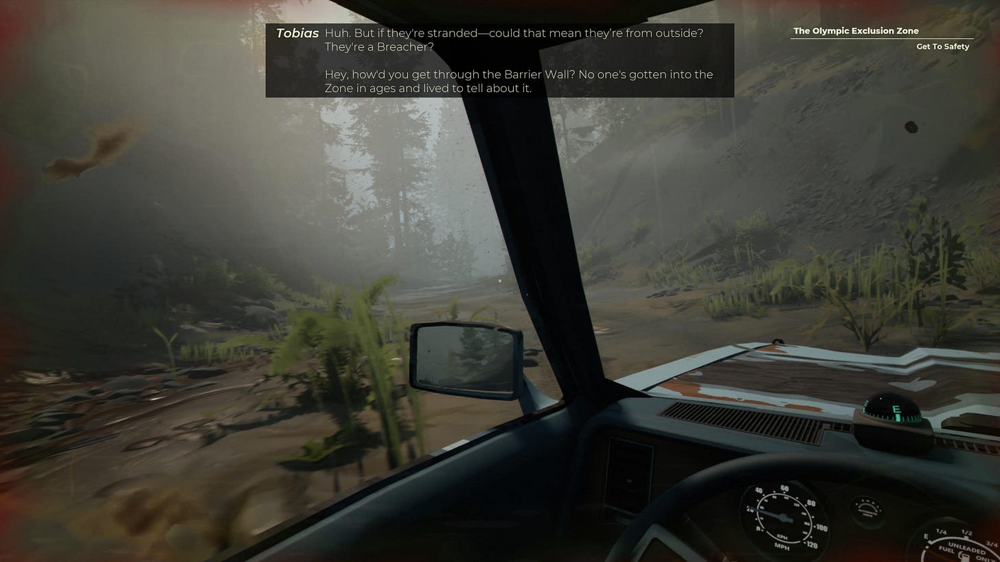 View from a car, with the dialogue "Huh. But if they're stranded-could that mean they're from outside? They're a Breacher? Hey, how'd you get through the Barrier Wall? No one's gotten into the Zone in ages and lived to tell about"