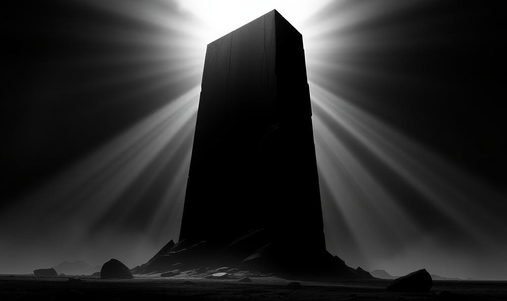 Black monolith with radiant light, symbolizing the Absoluteness of Reality.