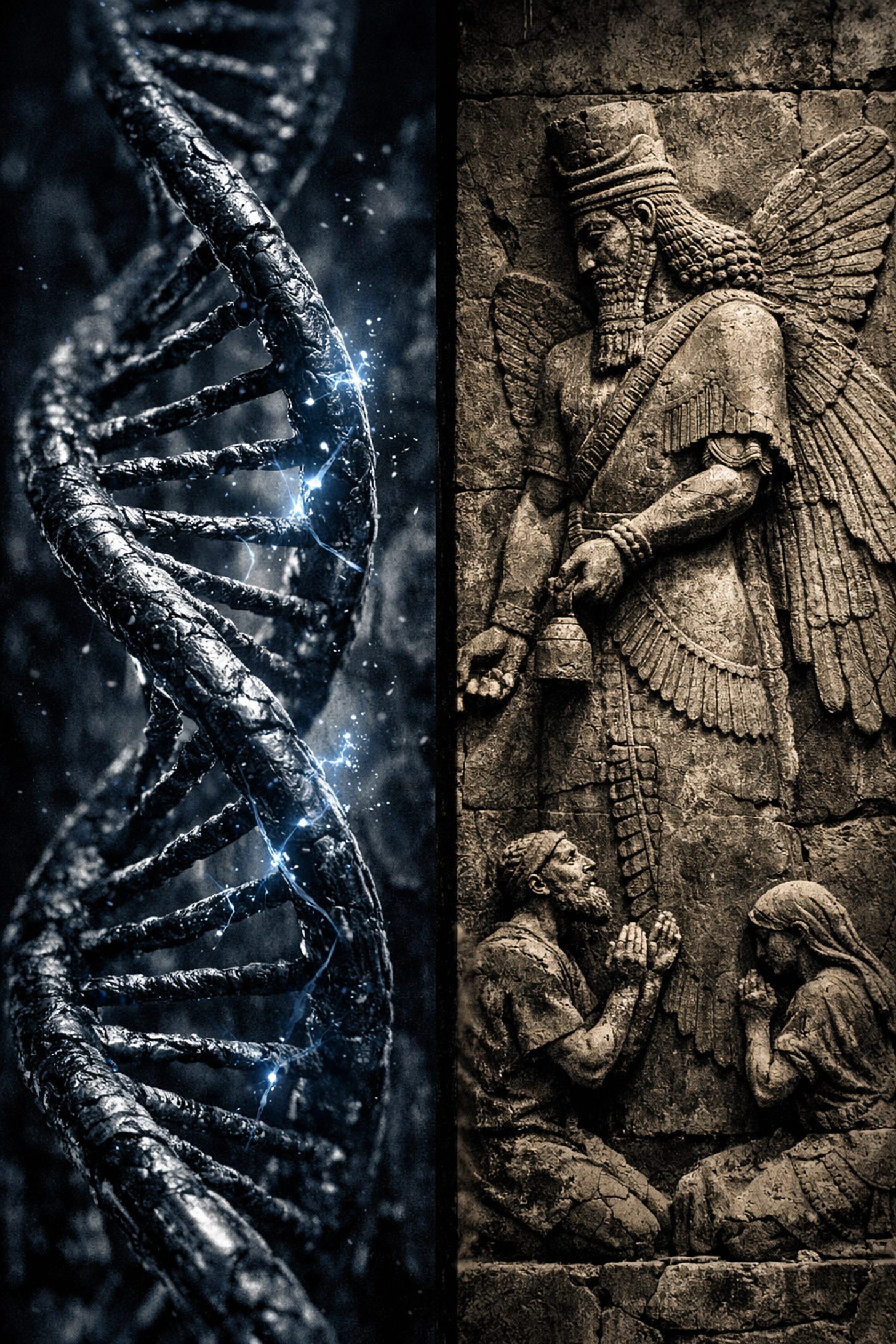 Split screen of modern DNA sequences next to an ancient Sumerian stone carving of a winged Nephilim figure.