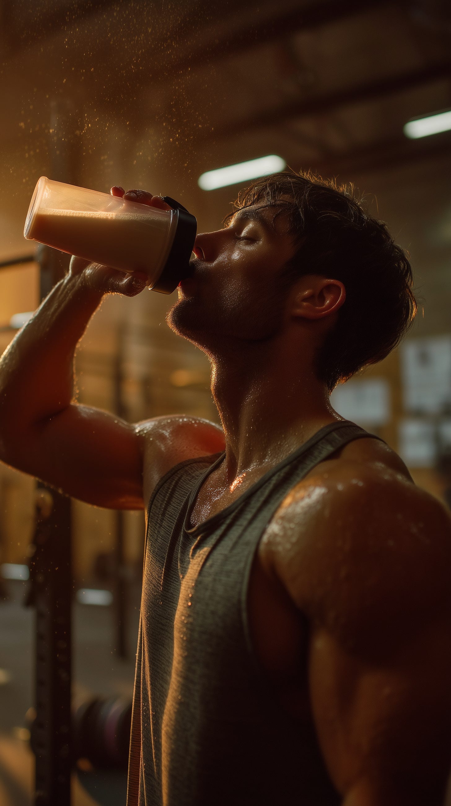Fit male athlete slamming a post-workout shake in the gym.