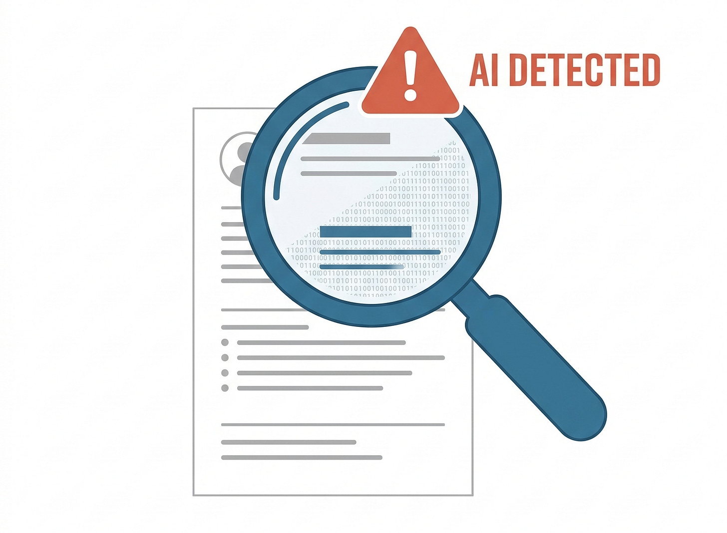 Magnifying glass over a resume with AI Detected warning triangle
