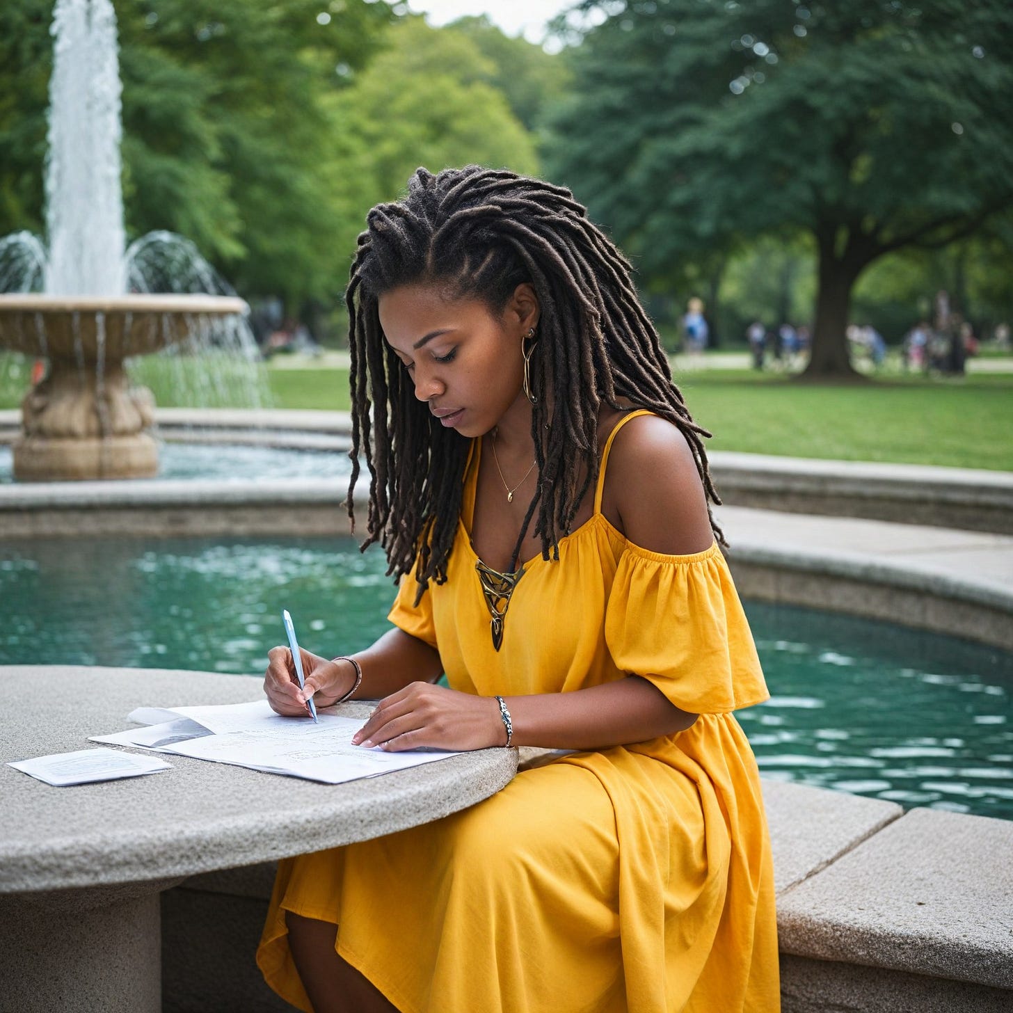 Modern Black woman with long locs writing a letter, with color clothes with cold shoulders, only 5 fingers per hand, outside in park in the summer time with a heart fountain behind her