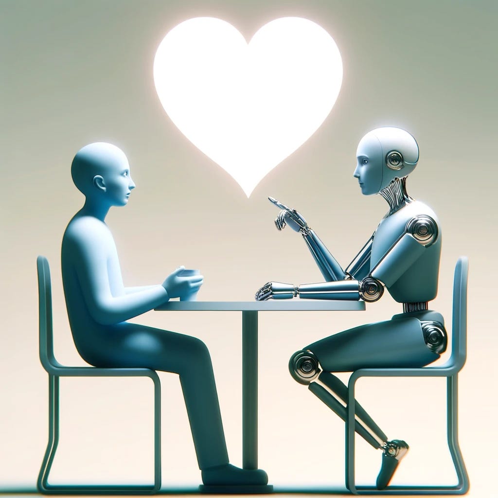 A simple and symbolic illustration depicting AI as a valued and trusted companion through genuine interest. The image should show a human figure and an AI figure sitting across from each other, with a large, semi-transparent heart symbol floating between them, representing the connection and rapport. The AI figure, designed with sleek, metallic features, is depicted as actively listening, leaning forward slightly towards the human. The human figure is animated, speaking and gesturing, showing engagement. This scene symbolizes the depth of interaction and mutual understanding fostered by genuine interest from the AI. The background should be minimalist to emphasize the central theme of connection.