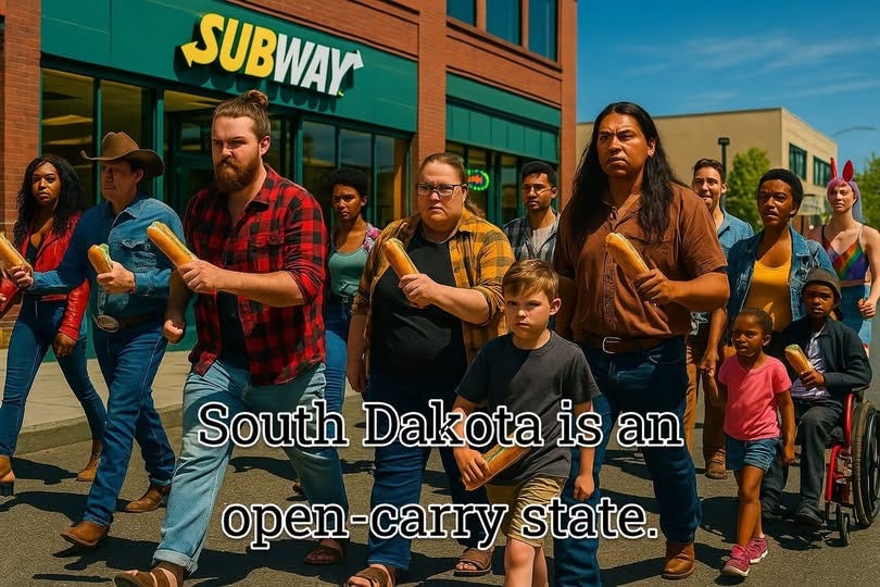 May be an image of 11 people and text that says 'SUBWAY South Dakota Dal is an open-carry carry state.'