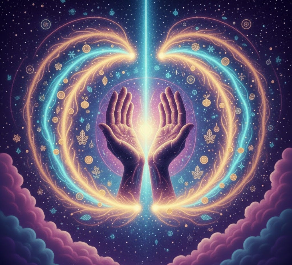Hand reaching up into the cosmos radiating light. Colorful auric lighing emanates around them.