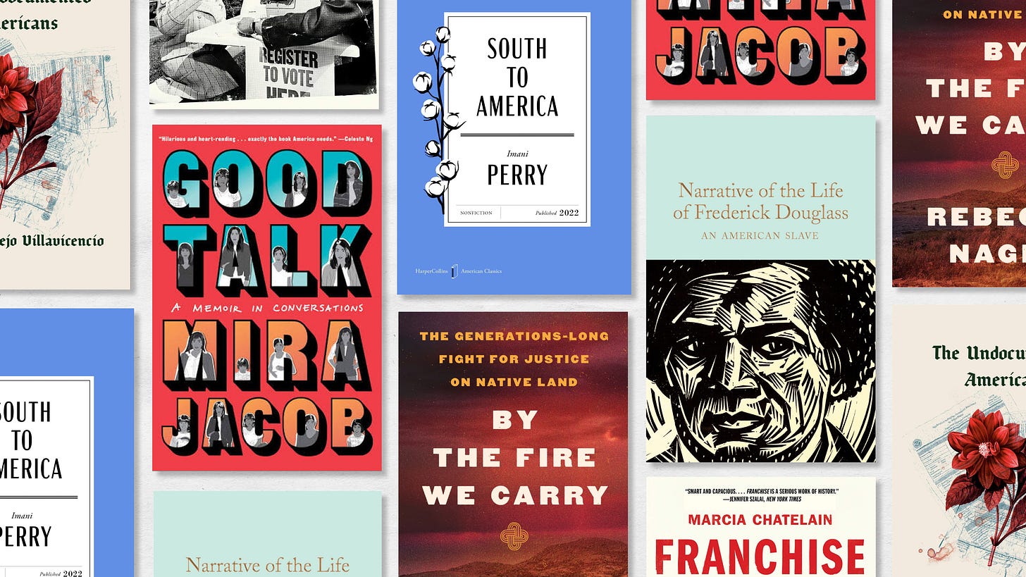 a collage of books to read over july 4th if you're interested in political engagement including good talk and by the fire we carry