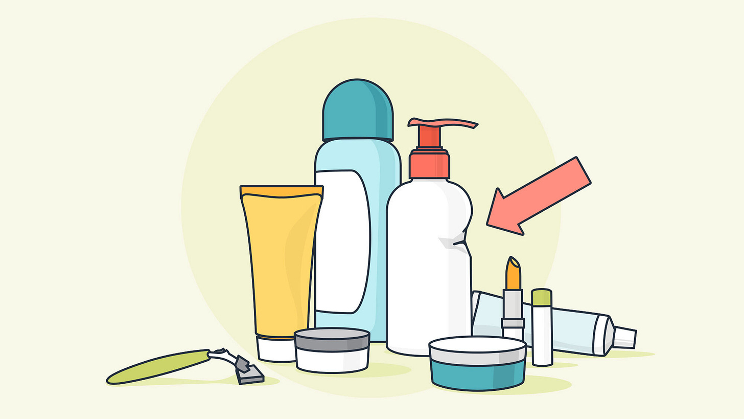 Graphic image of toiletries, such as soap, lipstick, toothpaste, a razor, etc.