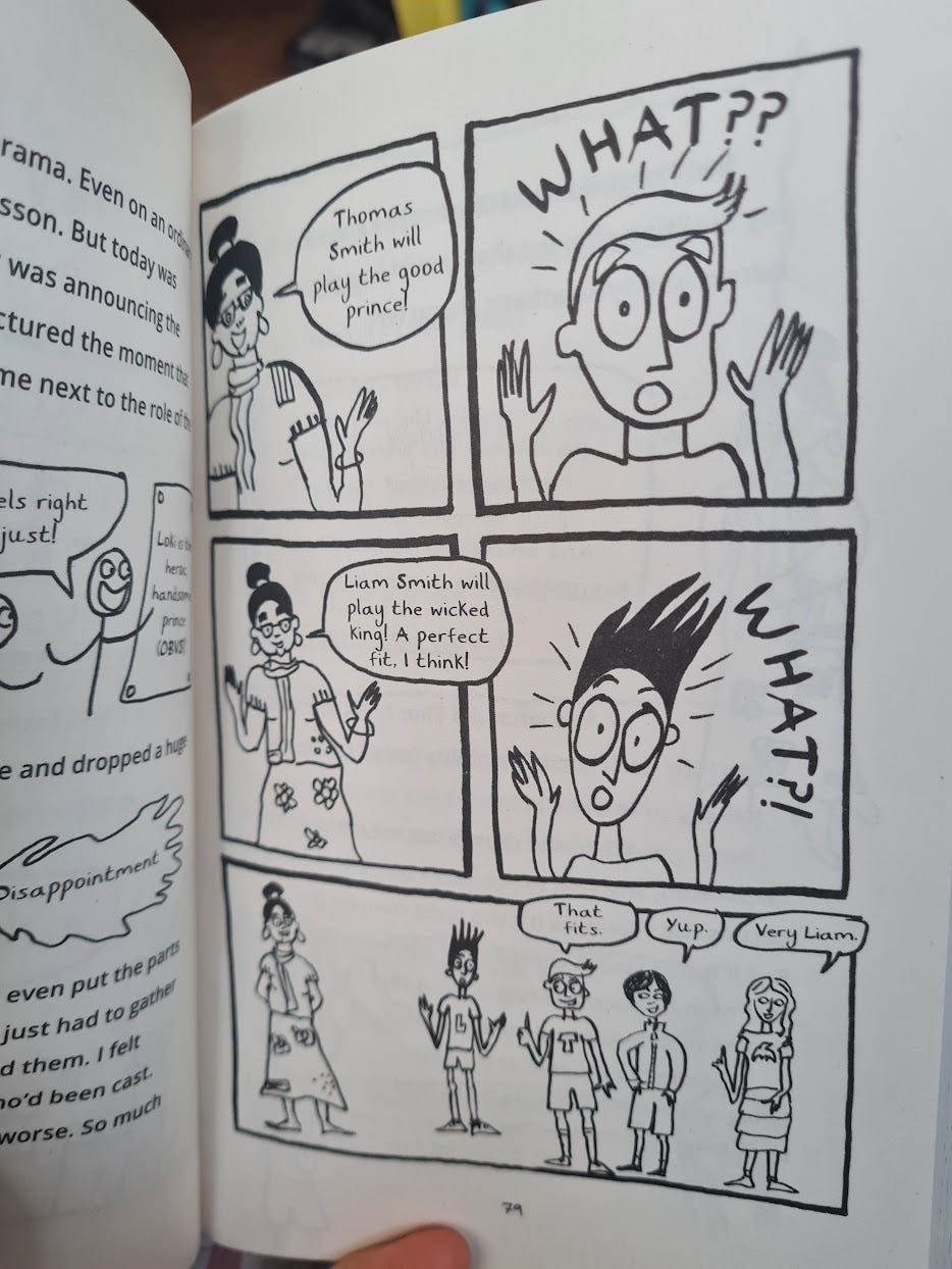 pic of comic featuring Loki's drama teacher, Thor and Loki. The drama teacher says that Thor will play the main part of the good prince and "Liam Smith" will play the wicked king which is "a perfect fit, I think". Both Thor and Loki are horrified. But their class thinks Loki is perfect for the wicked king.