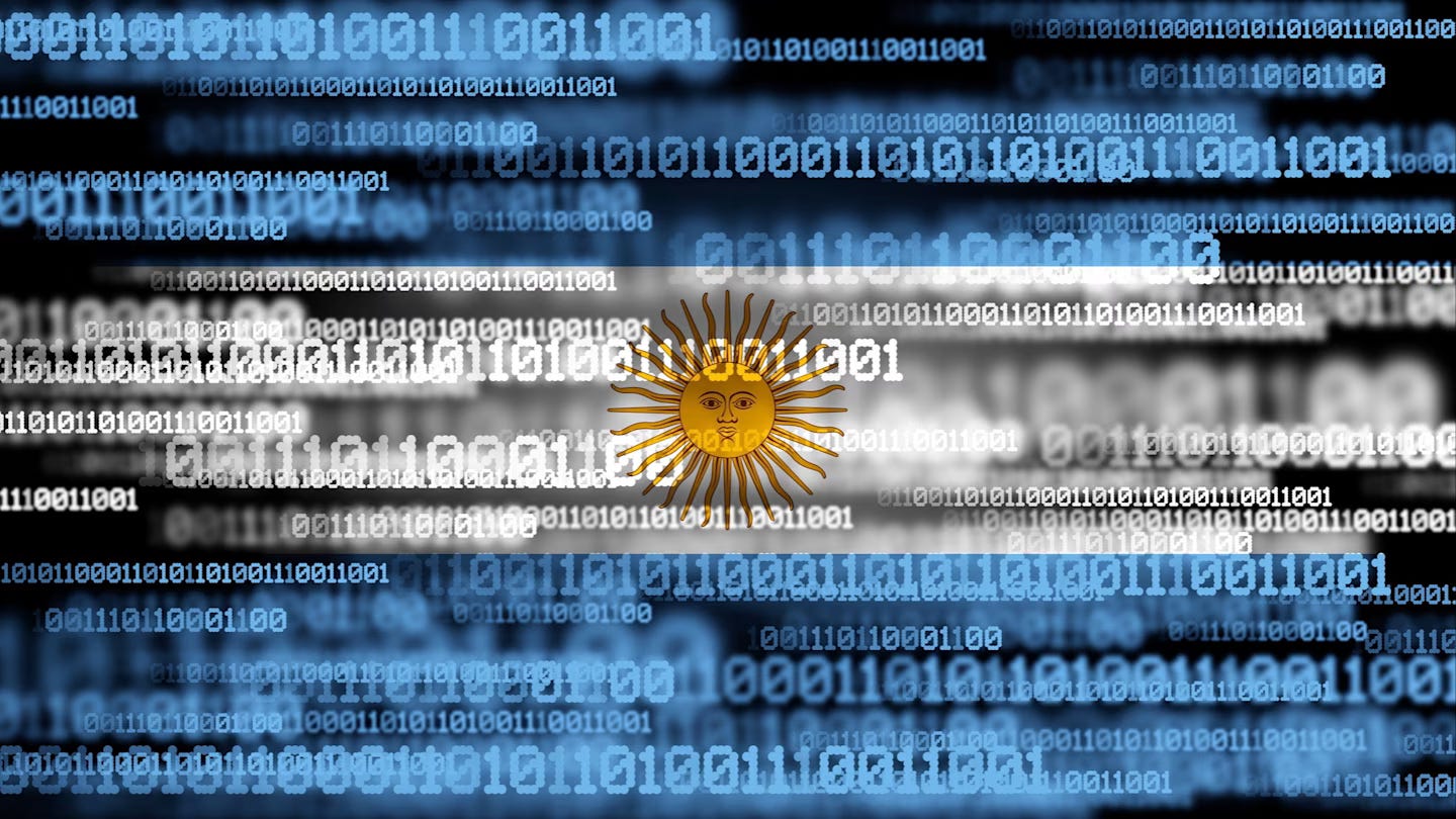 The flag of Argentina overlaid with rows of binary code, symbolizing digital technology or cybersecurity.