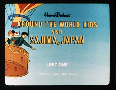 Opening slides of several educational filmstrips. Yogi Bear in "Play it Safe," The Flintstones in "A Weighty Problem," "Bamm-Bamm Tackles a Term Paper," The Jetsons "Down to Earth Nutrition," The Flintstones "Driving Guide," Jabberjaw in "The Silent Hunters," "Around the World Kids Visit Saitama, Japan," Scooby Doo in "Let's Go to Press Part II: News Reporting"