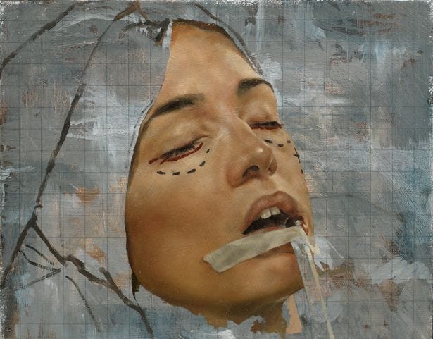 This may contain: a painting of a woman with stitches on her face and nose is shown in the foreground