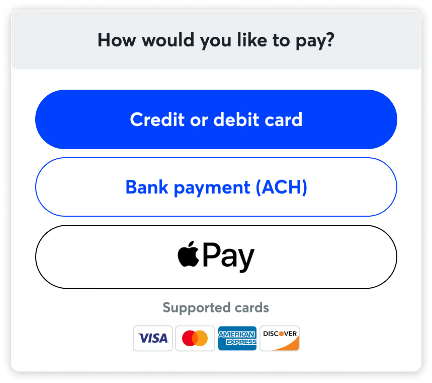 Payment options available on a customer's invoice, including credit card, bank payment, and Apple Pay.