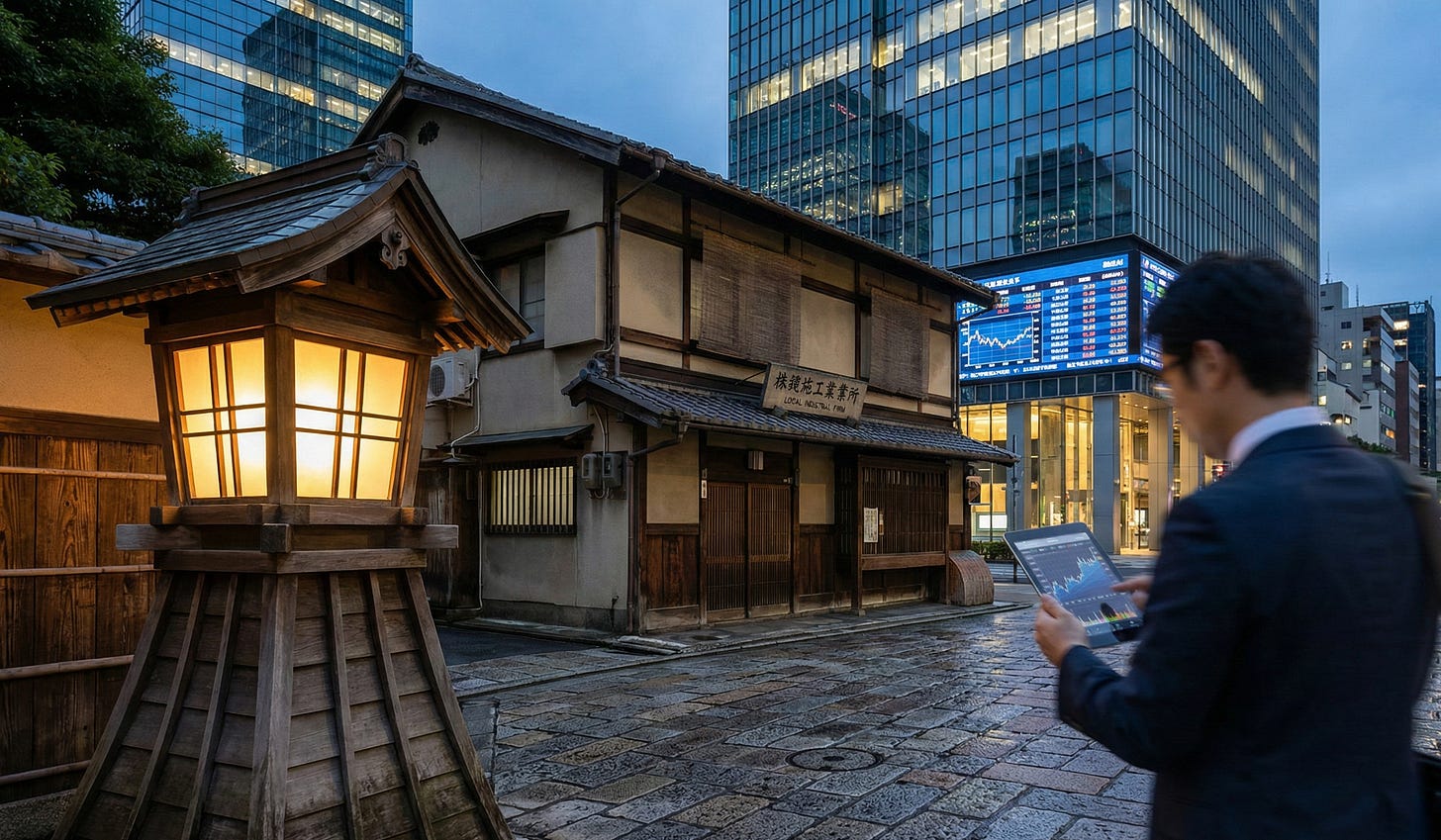 Hombre de negocios paseando por barrio de Tokio en Japón