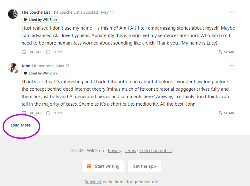 Screenshot of Substack comments at bottom of post showing "Load More" button.