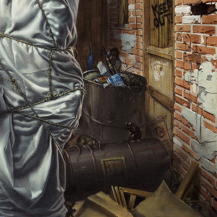LEFT: Close detail from DEAD END FEATURING the wall of the alley between brick buildings and a figure bound from head to toe in sheet and twine. Red graffiti letters “CK” are cutoff in the foreground right. Below is written “JERRY WUZ HERE”. The impressions in white fabric over the face suggest something skeletal while the one hand free and reaching out is fleshy with long fingernails. RIGHT: Close detail of rundown alley where a pair of rats are perched on an overturned metal trash can. One is standing on its hind legs and turning toward the other conspiratorially. Another can stands behind it brimming with refuse including a wine bottle and a blue paperback with Stephen King at the top. The cans block a wooden door with “KEEP OUT!” Written in black. In the door panel below, “Copyright 1980” accompanies the artists sigil scrawled in white.