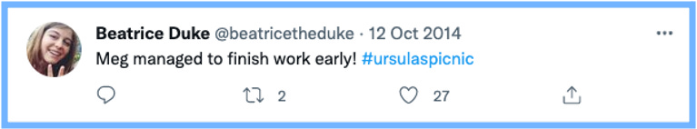 Bea Tweets: Meg managed to finish work early! #ursulaspicnic