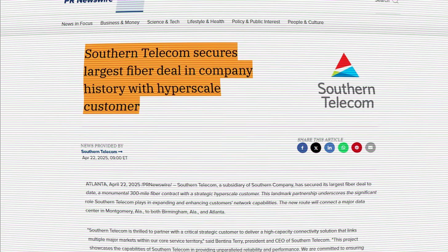Southern Company map showing new fiber network route
