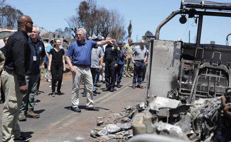 House Speaker Kevin McCarthy toured Lahaina on Saturday with a bipartisan group of lawmakers and pledged continued congressional support to rebuild. House Speaker Kevin McCarthy toured Lahaina on Saturday with a bipartisan group of lawmakers and pledged continued congressional support to rebuild.