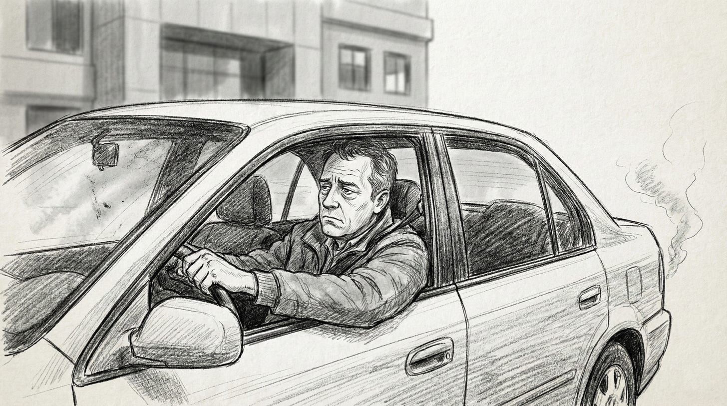 Black and white pencil sketch of a middle-aged man sitting in the driver’s seat of a parked car, hands gripping the steering wheel, staring ahead at an office building with a tired, tense expression, faint exhaust rising behind the car.
