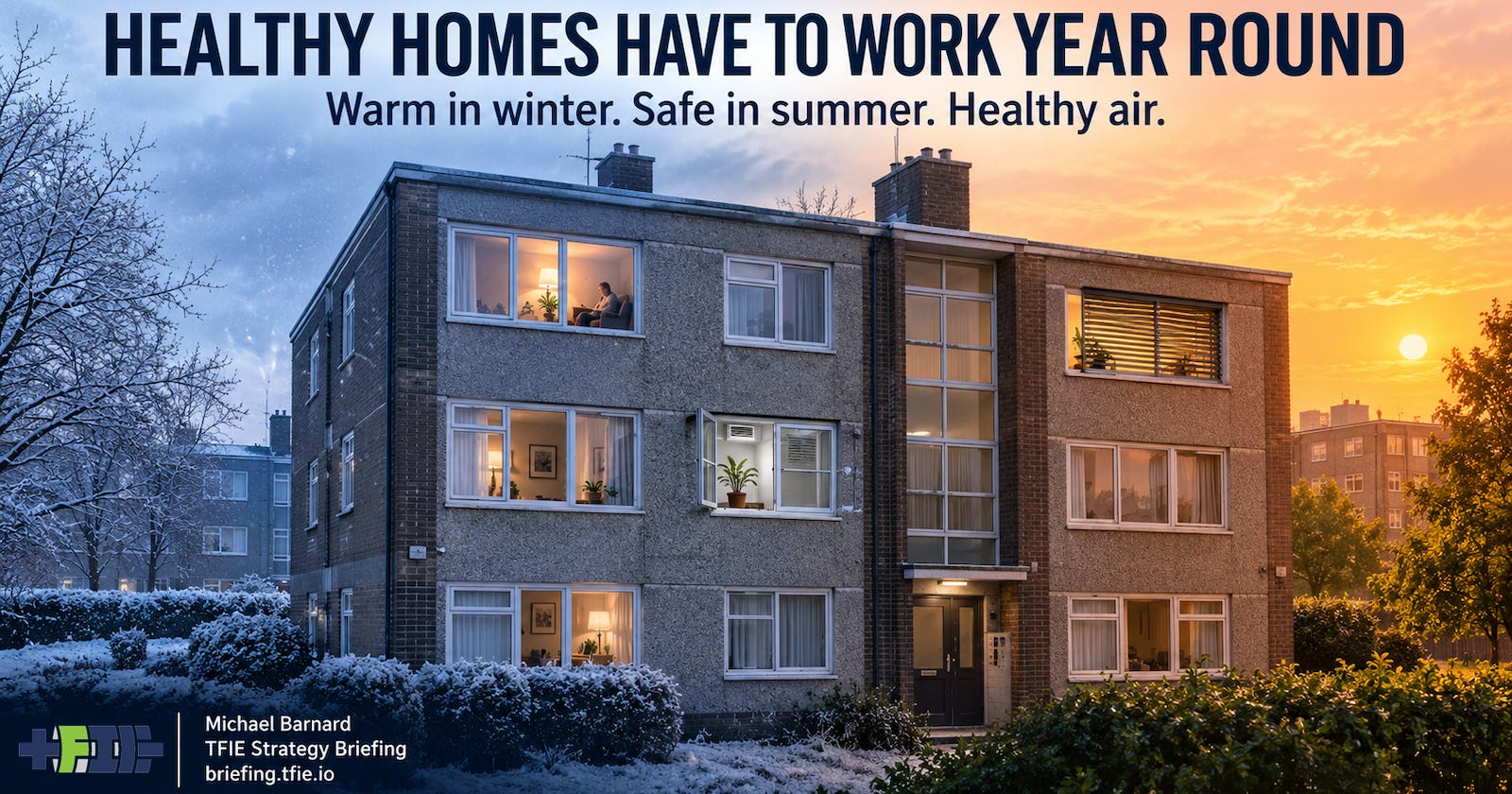 Social-housing block shown across winter cold and severe summer heat, with residents indoors and the text “Healthy homes have to work year round. Warm in winter. Safe in summer. Healthy air.”