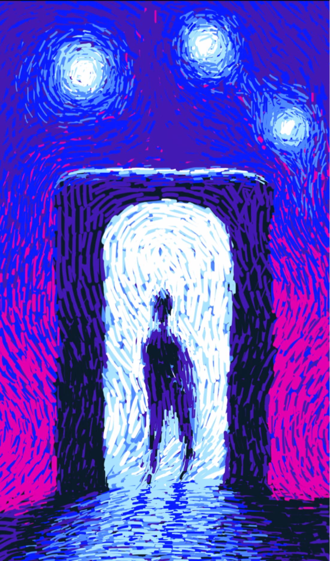 A silhouette of a human figure in a lit doorway, with bright lights above it, as in a night sky A silhouette of a human figure in a lit doorway, with bright lights above it, as in a night sky