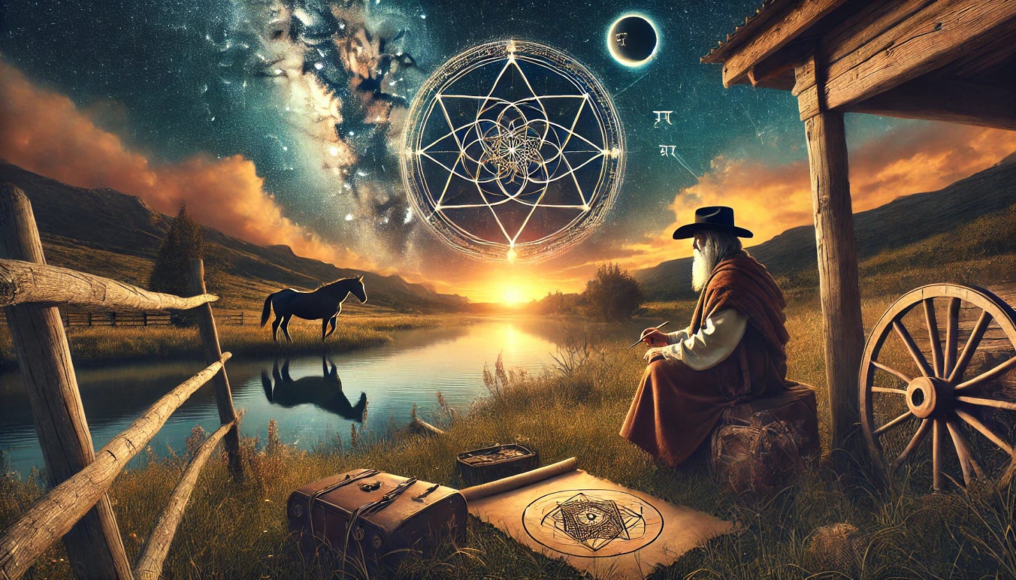 A sage-like figure sits by a tranquil Western countryside lake, drawing sacred geometry patterns on a parchment, embodying the spiritual meaning of Ketu in astrology. Above, Ketu planetary effects are symbolized by a shadowy, ethereal orb glowing with mystical energy, representing karmic past connections and Rahu-Ketu influence. The scene blends astrological wisdom with modern spirituality. The image is part of an article titled "Ketu in Vedic Astrology: Myths, Effects & Remedies for a Balanced Life" authored by Anish Prasad and published at astrojagriti.substack.com.