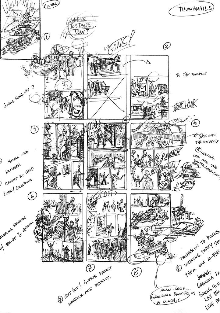 page of comic thumbnail drawings showing small page schemtatic sketches