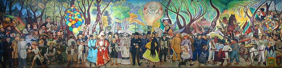 Rivera's mural: a crowd in late nineteenth century dress in a park, with a skeleton in a long white dress and feathered hat at the center holding a boy's hand