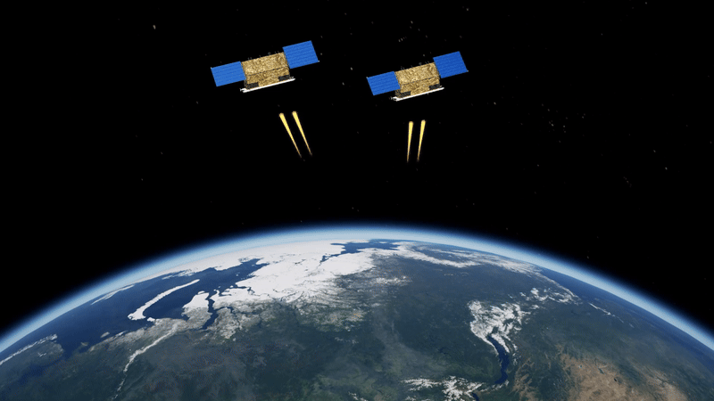A render of two Siwei Gaojing-2 satellites jointly imaging the Earth below as it passes beneath them. A render of two Siwei Gaojing-2 satellites jointly imaging the Earth below as it passes beneath them.