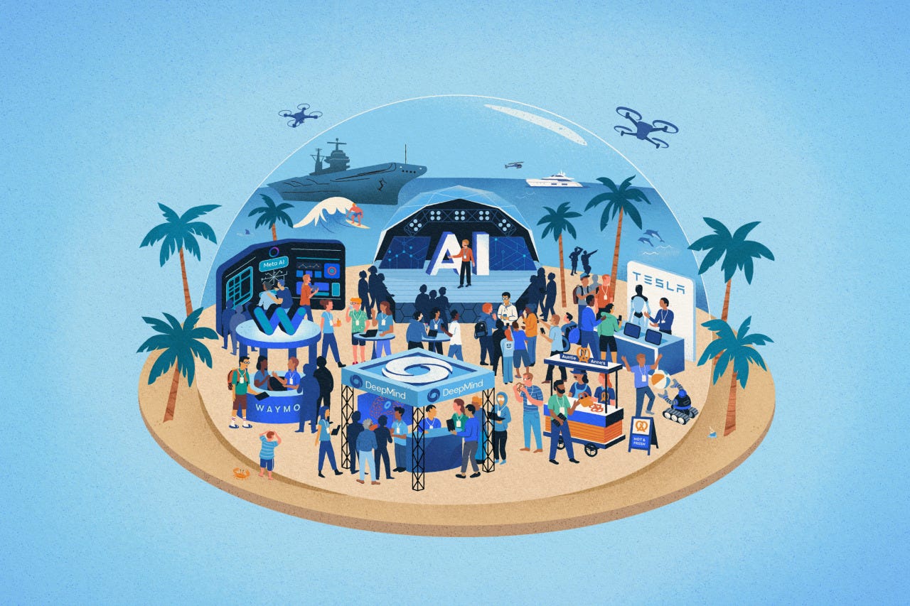 Illustration of an AI conference on a tropical beach.