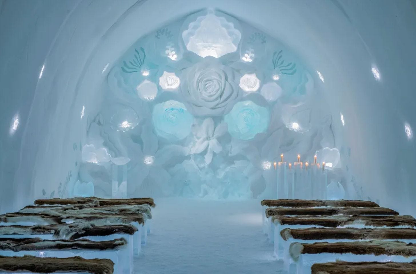 Ice sculpture installation resembling a ceremonial hall inside ICEHOTEL.