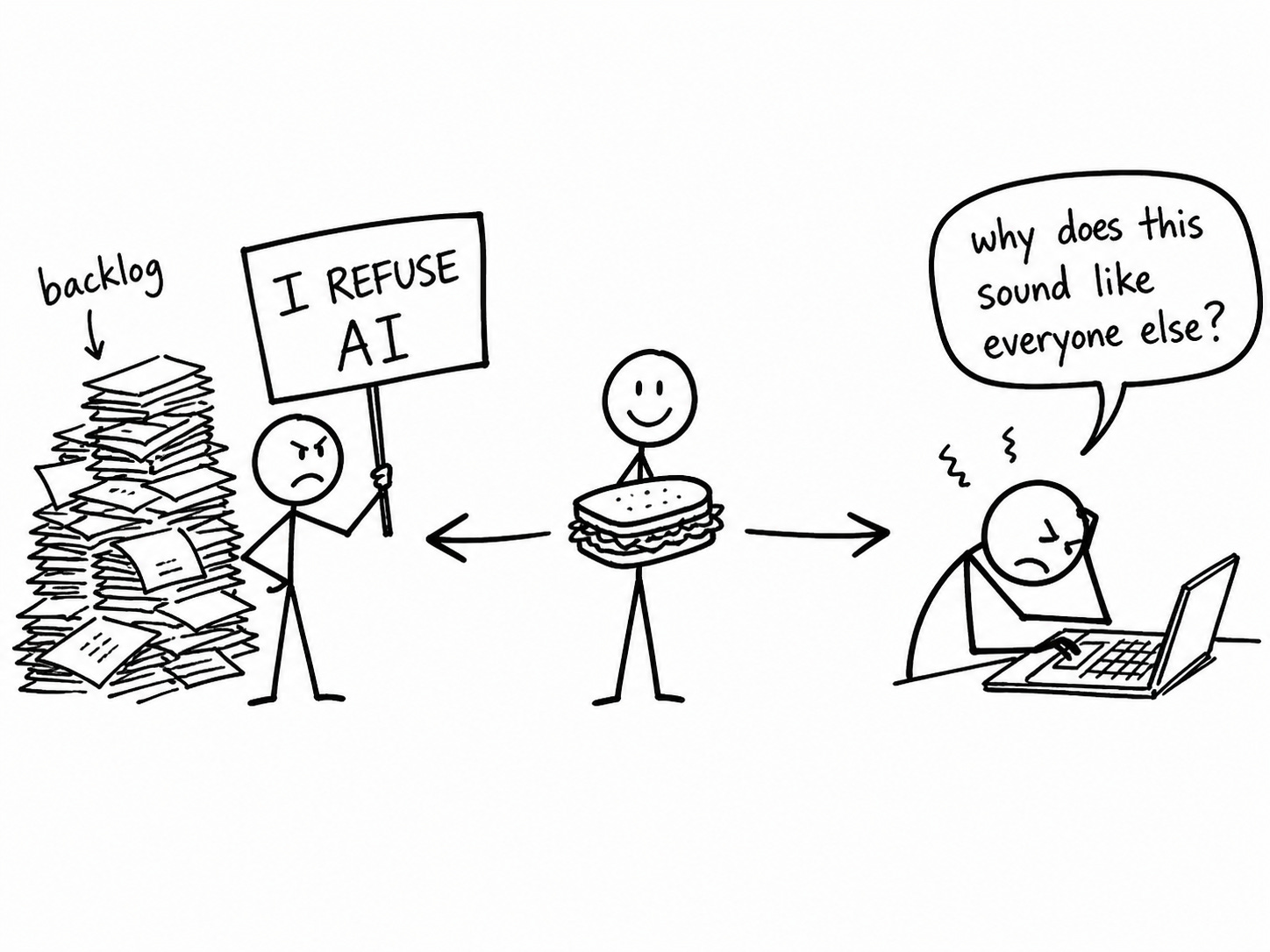 Stick figure illustration showing three characters: left figure angrily holds an "I REFUSE AI" sign next to a towering backlog of papers; right figure slumps at a laptop asking "why does this sound like everyone else?"; center figure smiles while holding a sandwich with arrows pointing to both. Illustrates the two failure modes in AI-assisted writing (avoidance and full delegation) and the co-writing middle path. Keywords: AI writing workflow, human-AI collaboration, avoid AI content slop.