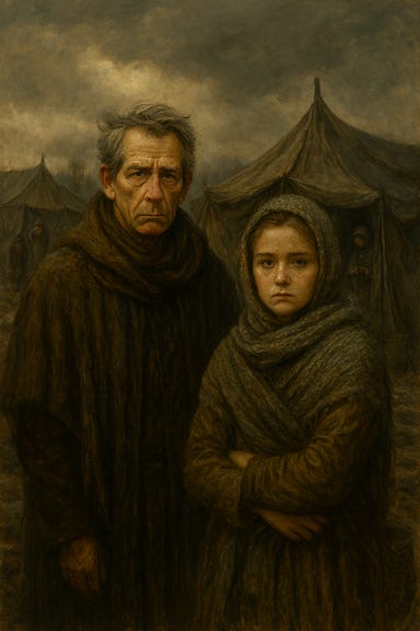 Emeric and Magda, visually based on Ben Mendelsohn and Millicent Simmonds, stand at the edge of the Barovian refugee camp outside Vallaki. Emeric, weathered and solemn, wears a threadbare coat with a silver fog of hair around his temples, his expression carved with quiet sorrow. Magda, young and fierce, has hollow eyes framed in blue and long black hair tied back with a strip of dyed lace. She stands close to Emeric, protective and alert, her fingers twitching near a bundle of herbs. Behind them, mist curls around makeshift tents and flickering cookfires, with the looming city walls of Vallaki in the distance. The atmosphere is heavy with resilience and grief, capturing the moment before the party arrives.