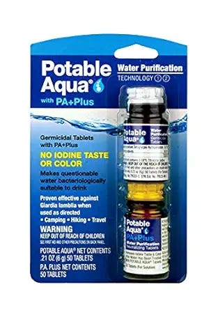 Potable Aqua Water Purification Tablets with PA Plus, Portable and Effective Solution for Camping, Hiking, Emergencies, Natural Disasters and International Travel, Two 50ct Bottles