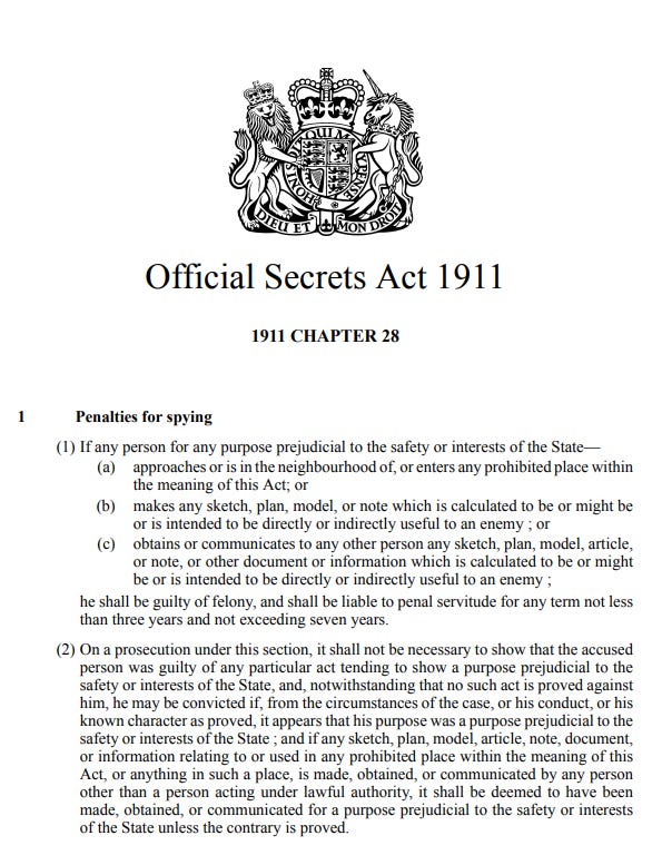 section 1 of the Official Secrets Act  providing information useful to an enemy.
