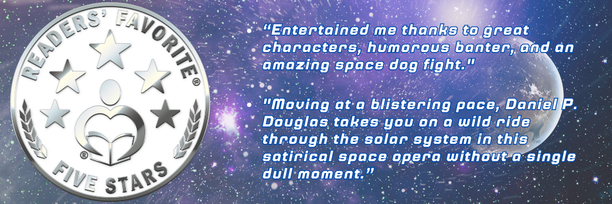 Readers' Favorite Five Stars award medallion displayed against a cosmic purple background, alongside two reader reviews praising 'Showdown at Jupiter's Edge'. The quotes highlight 'great characters, humorous banter, and an amazing space dog fight' and describe the book as 'a blistering pace... satirical space opera without a single dull moment.