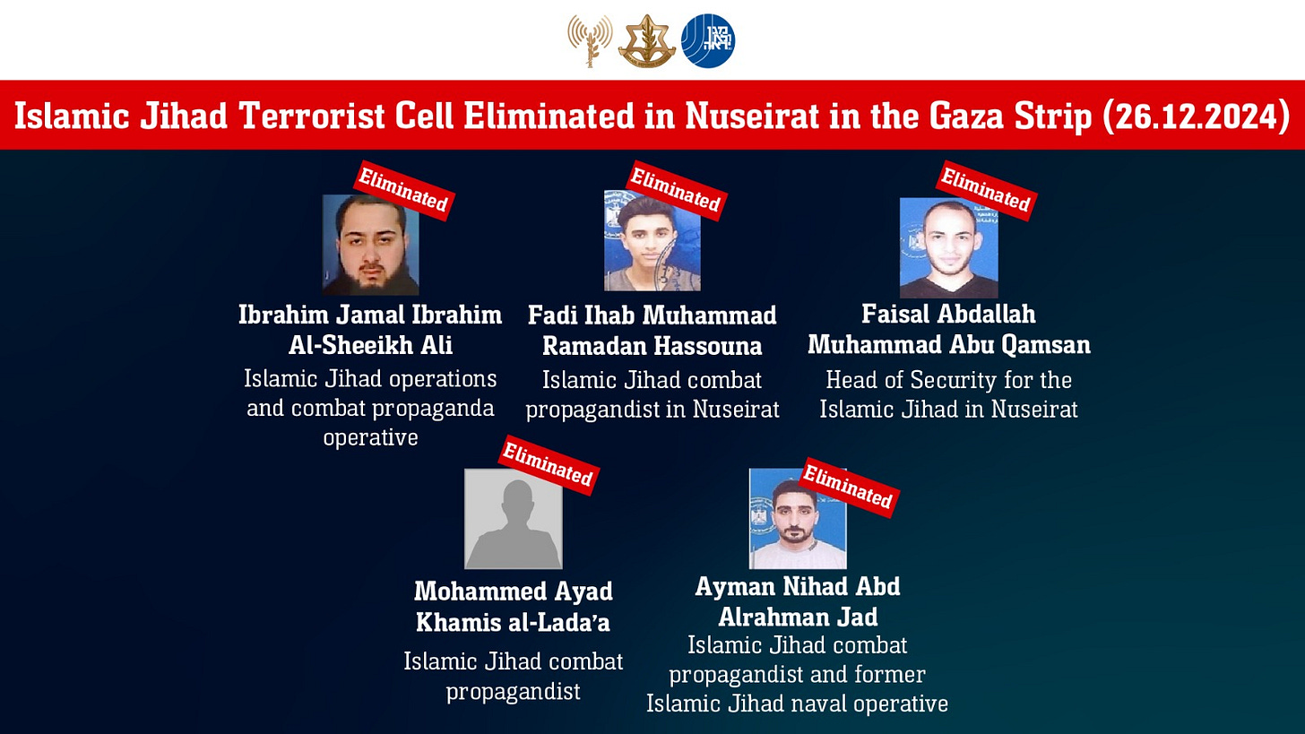Islamic Jihad terrorist cell eliminated in Nuseirat on December 26, 2024 Islamic Jihad terrorist cell eliminated in Nuseirat on December 26, 2024