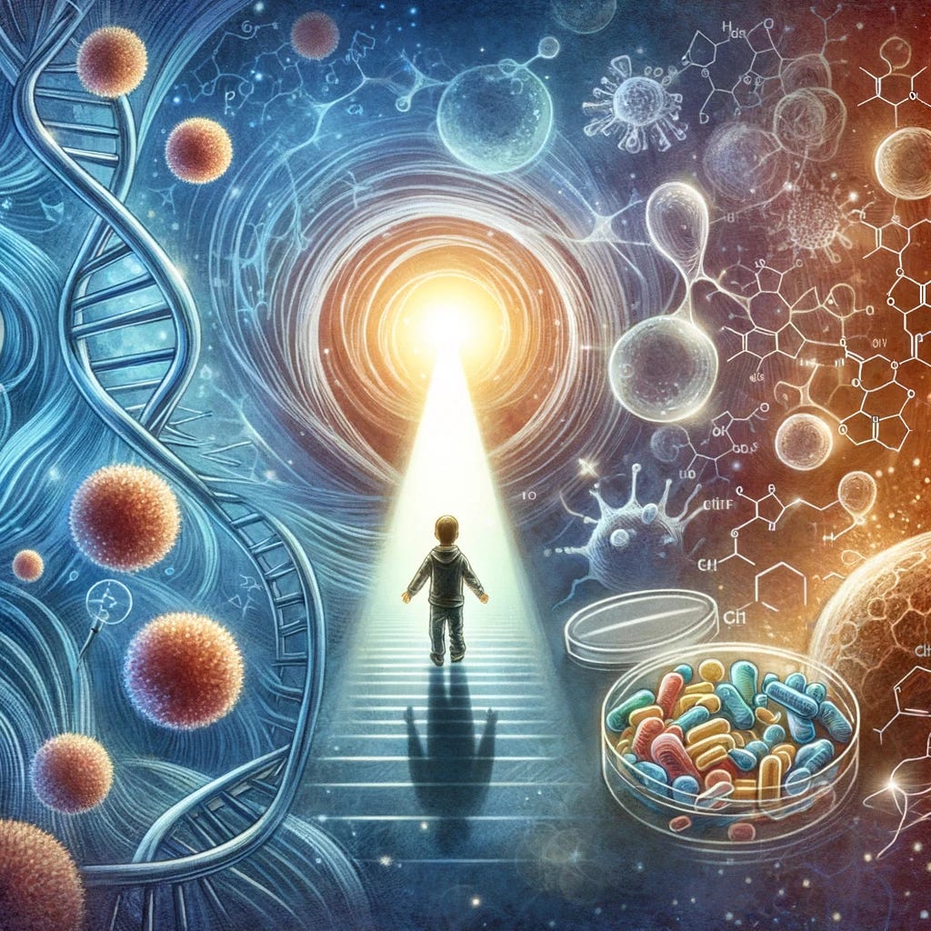An illustration symbolizing hope and advancement in pediatric cancer treatment, focusing on neuroblastoma. The image should capture the essence of groundbreaking research leading to new, targeted therapies. It could feature abstract elements like intertwined DNA strands, signifying the genetic focus of the study, and a light at the end of a tunnel, representing hope for patients. The background could include subtle nods to medical research, such as petri dishes and microscopic views of cells, blended in a hopeful and uplifting manner. Avoid including any text or numbers in the image.