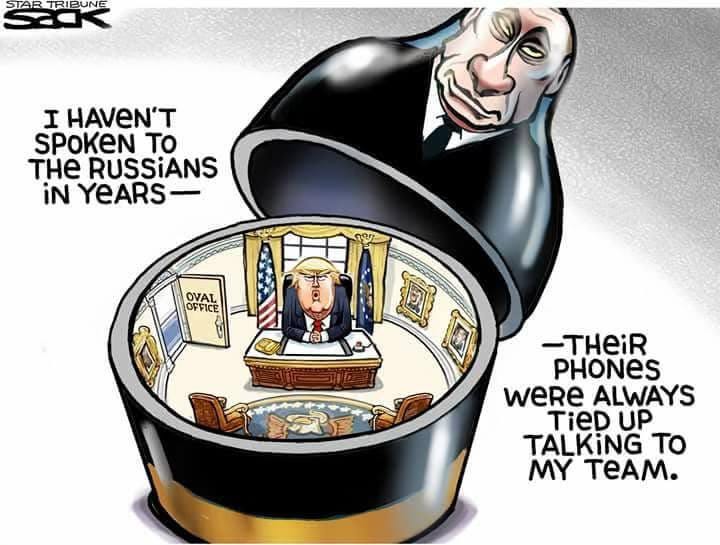May be an illustration of the Oval Office and text that says 'STARTRIBUNE STAR TRIBUNE ਕब I HAVEN'T SPOKeN To THE RUSSiANS iN YEARS 8인 OVAL OFFICE -THeiR PHONES WeRe ALWAYS TieD UP TALKiNG TO MY TEAM.'