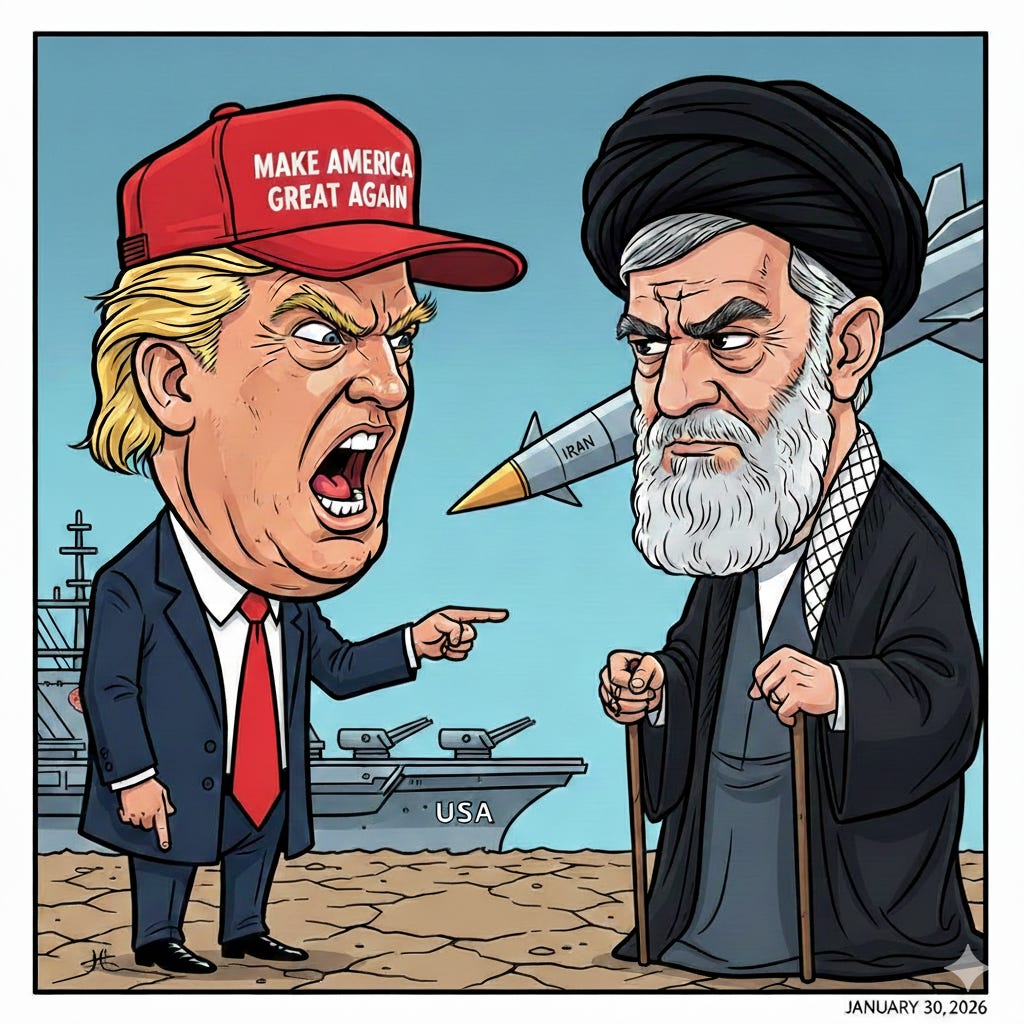 Cartoon image of Trump scolding Iranian leader Khamenei Cartoon image of Trump scolding Iranian leader Khamenei