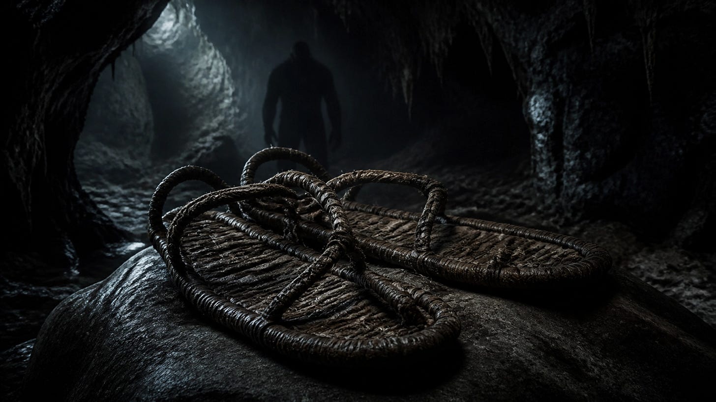 Large woven sandals in a dark cave with a shadowy figure in the background Large woven sandals in a dark cave with a shadowy figure in the background