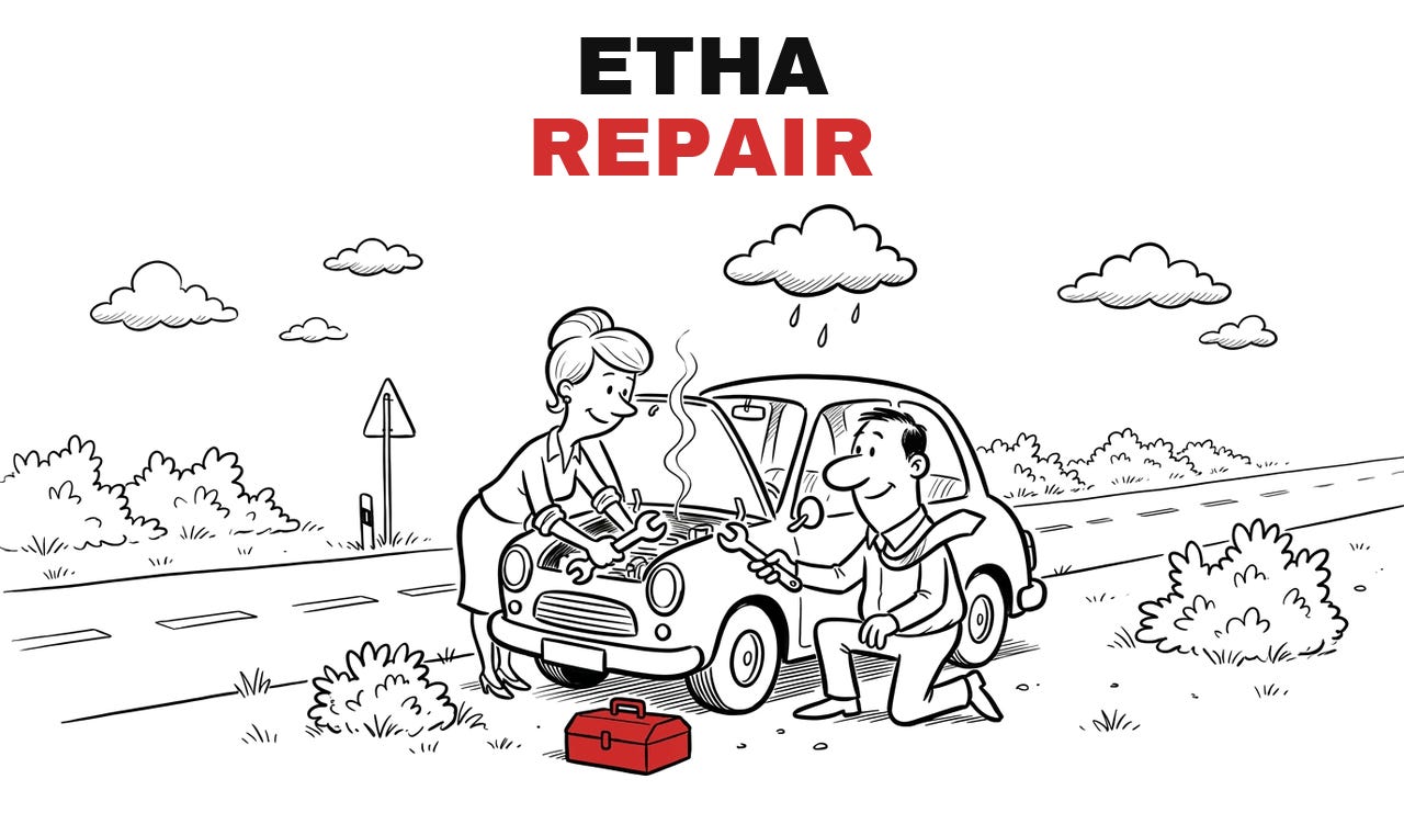 Trade Repair ETHA, Repair. Hand-drawn cartoon: the two of them repair a small car at the roadside under a rain cloud, a toolbox beside it. Trade Repair ETHA, Repair. Hand-drawn cartoon: the two of them repair a small car at the roadside under a rain cloud, a toolbox beside it.
