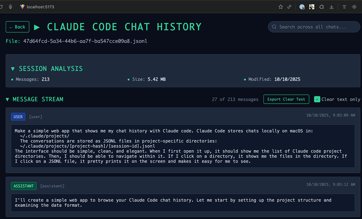 Screenshot of a webapp showing the chat history between user and assistant in a Claude Code session