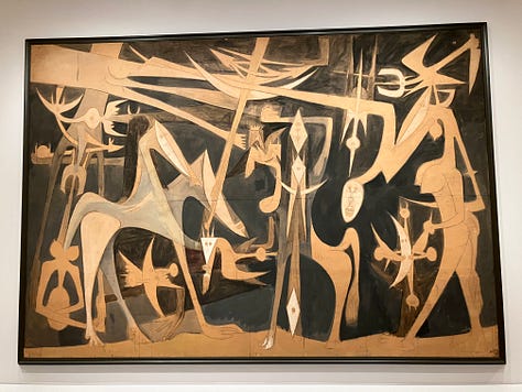 three abstract paintings with elongated figures and foliage, one in shades of brown and pink, one in green and blue, and one with pale animal figures against a black background.