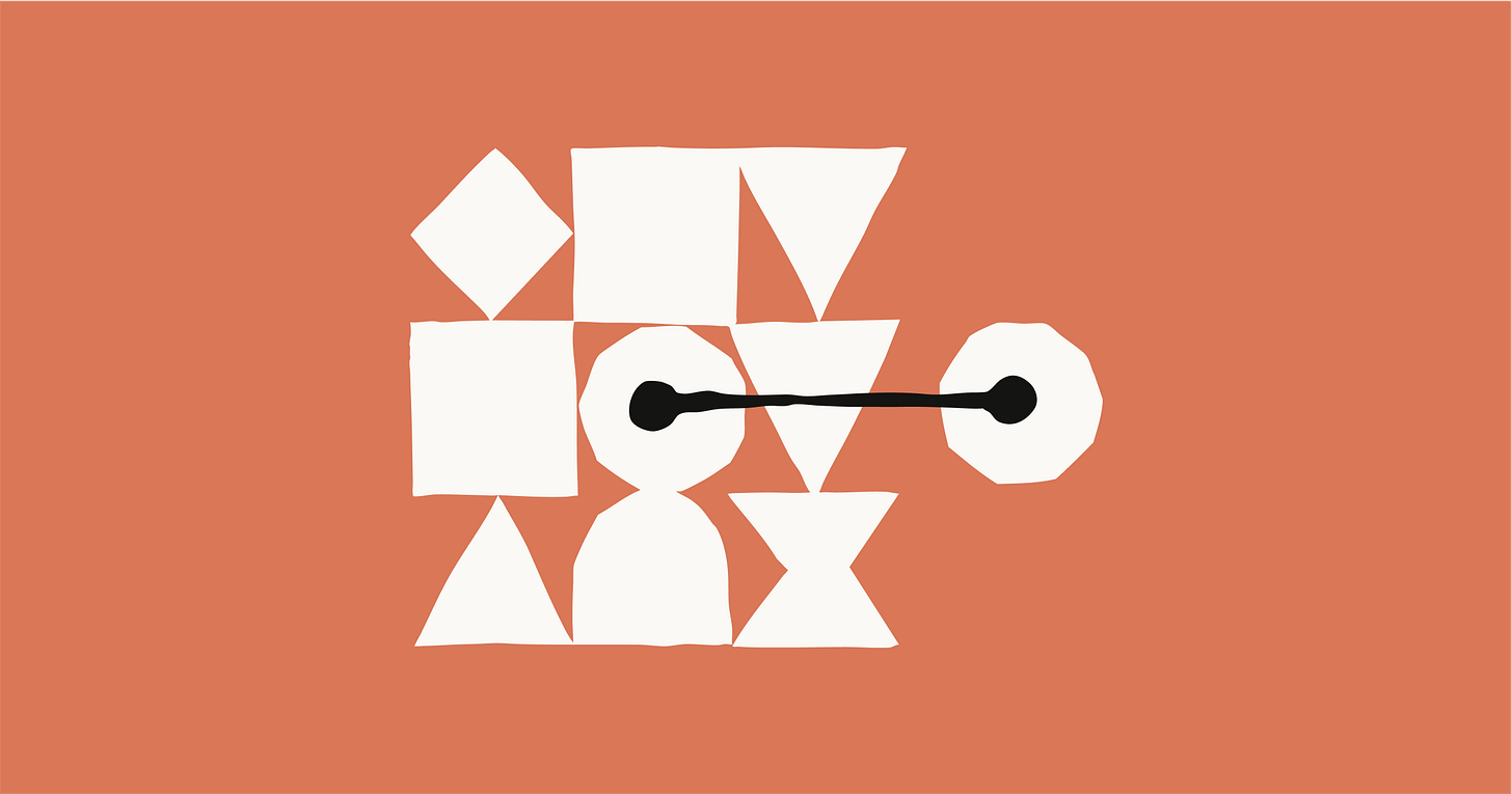 Abstract picture of shapes and lines on an orange background.