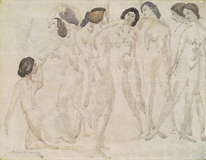 1. Weeping Magdalen, by Charles Berg 2. Nine Figures, by Arthur Davies