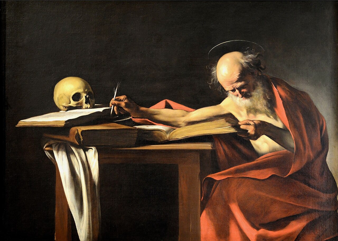 The old scholar Jerome writing with a skull on his books The old scholar Jerome writing with a skull on his books
