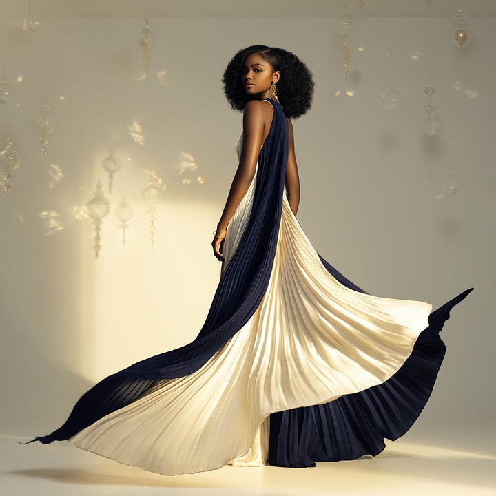 A Black woman stands in profile in a sunlit room, wearing a flowing cream and navy silk gown. Warm light reflects through hanging glass ornaments and crystals, casting soft patterns across the walls as the fabric of her dress gently trails behind her.