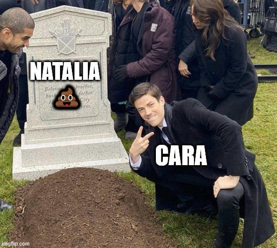 Meme template featuring actor Grant Gustin kneeling by a grave and cheekily throwing up a peace sign. Grant is labeled as "Cara" and the grave is labeled "Natalia" along with a poop emoji